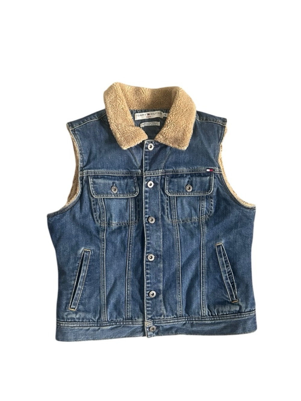Vintage Tommy Hilfiger Denim Vest with Tan Sherpa Collar Women’s Size L